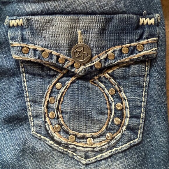 BIG⭐️STAR “Liv” Low Rise Flap Pocket Jeans 👖 Distressed Bootcut Denim Sz 25R - Picture 12 of 16